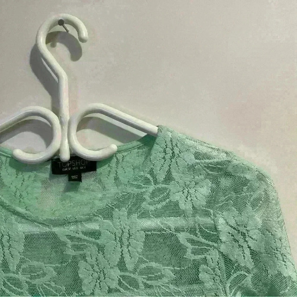 Topshop |  womens xsmall mint green lace 3/4 sleeves crop top sheer in the back - Picture 2 of 5